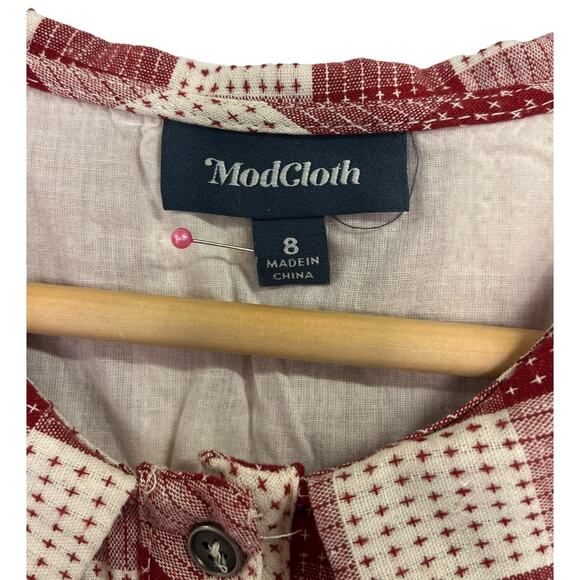 ModCloth Dress Womens 8 Red White Linen Gingham Retro Picnic Cottagecore Coastal - Picture 3 of 12